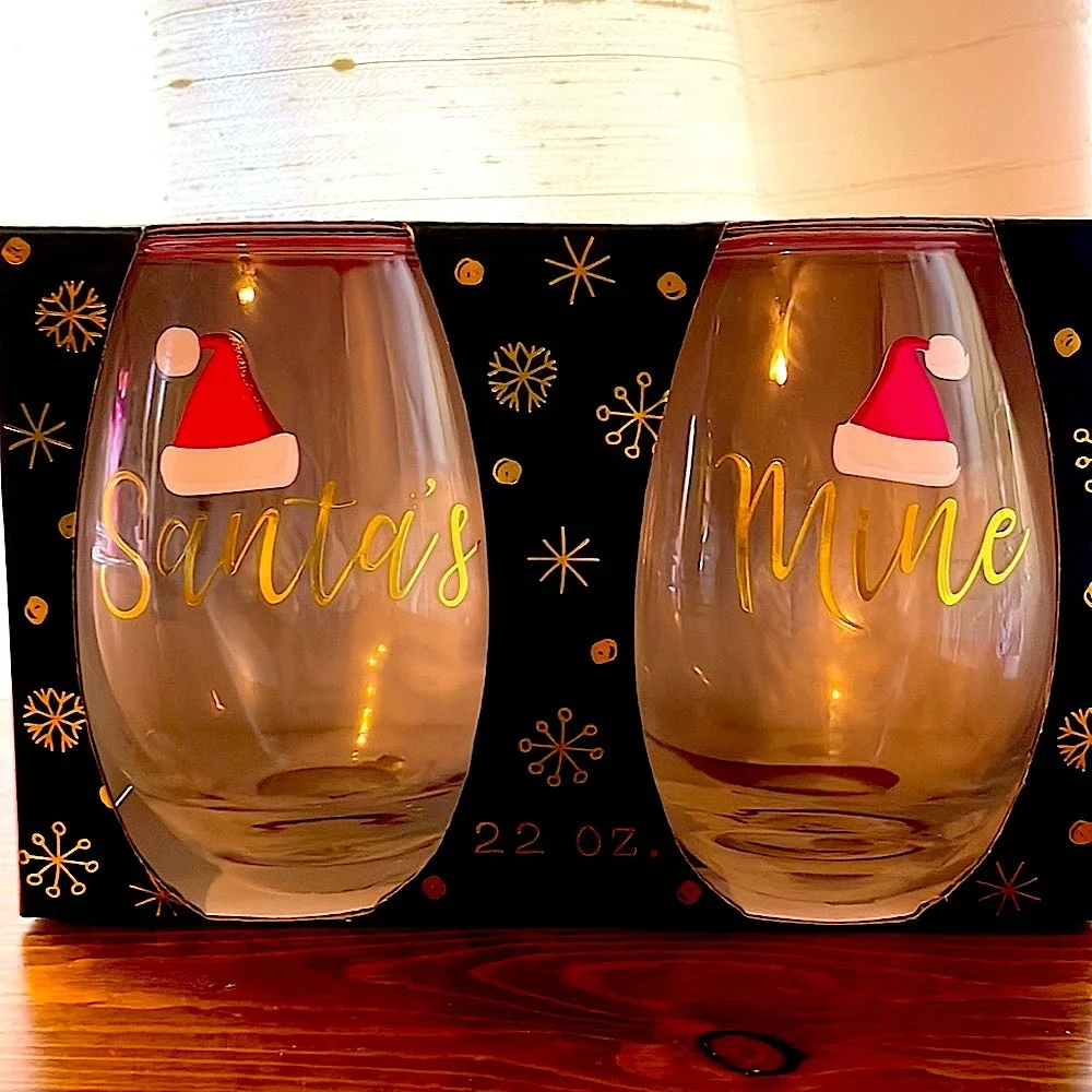 Christmas in July! Santa’s & Mine Stemless Wine Glasses